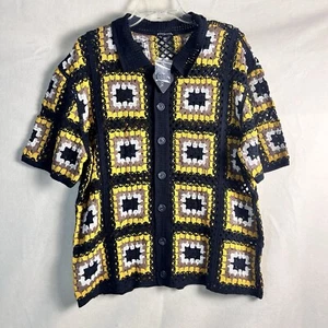 MORSECODE Sweater Mens Large Knitted Short Sleeve Button Up Granny Squares - Picture 1 of 8