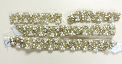 1960s Handmade Beaded Gold/Pearls on White Satin Belt Pieces - Image 1 of 3