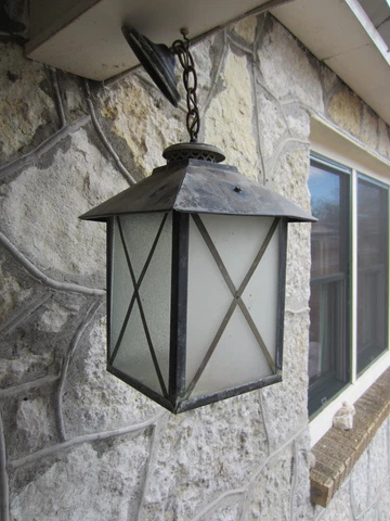 Vintage BLACK METAL & GLASS LANTERN Hanging PORCH LIGHT FIXTURE   large 10x10x20 Cover