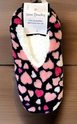 Vera Bradley Cozy Life Zapatilla Calcetines Polar Negro Rosa Corazones Pull on Talla S Foto 1 de 4