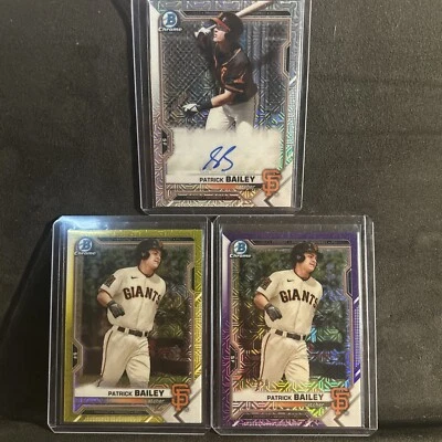 2021 Bowman Patrick Bailey Mega Refractor Auto /75 Yellow /250 Purple 3 Sp Lot - Image 1 of 4