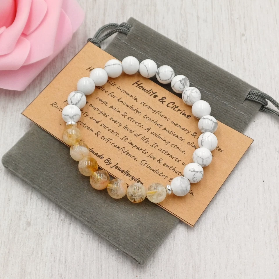 Pulsera elástica de piedras preciosas curativas de cristal hecha a mano CITRINO Y HOWLITA 6/8 mm. Foto 1 de 4