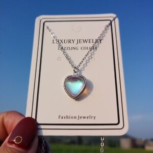 925 Sterling Silver Cute Love Heart Blue Moonstone Pendant Necklace Gift UK 