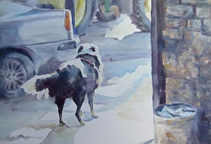 ORIGINAL BRIDGET ASKEW "Farm Dog" border collie Farm country life OIL PAINTING - Picture 1 of 1