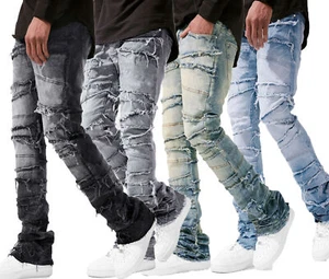 Mens Slim Fit Jeans Skinny Stretch Denim Trouser Ripped Diesel Punk Gothic Pants - Picture 1 of 23