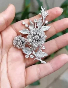 3Ct Round Cut Natural Moissanite Flower Brooch Pin 14K White Gold Plated Silver - Picture 1 of 9