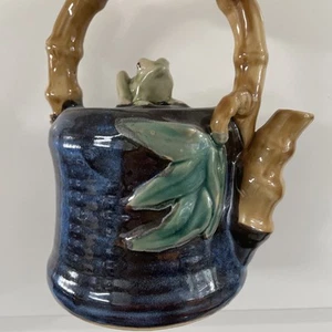 Vintage Green & Blue Majolica Teapot w/ Ceramic Bamboo Handle & Frog Lid - Picture 1 of 9