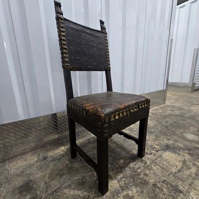 Renaissance Revival Ornate Walnut & Leather Antique Throne SINGLE Dining Chair - Image 1 of 4