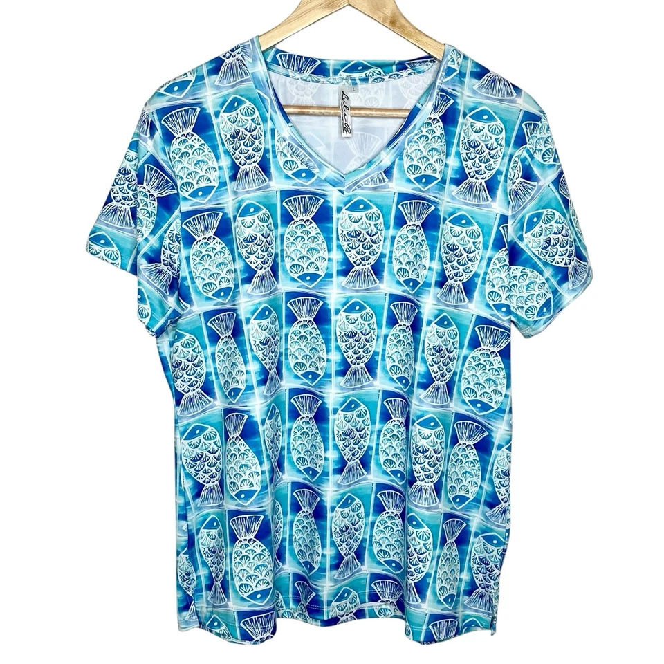 Top Lulu B manga corta estampado de peces para mujer talla L resort playa vacaciones tropicales Foto 1 de 4