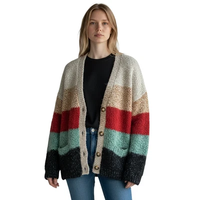 Fuzzy Boucle Cardigan Sweater Womens XXL Colorblock Cozy Soft Chunky Knit Button - Image 1 of 4