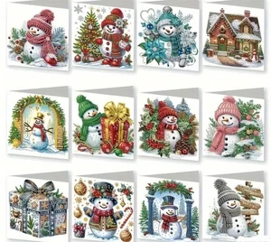12pcs CHRISTMAS DIAMOND ART PAINTING Snowman Snowmen Cards Card Kit Card Making - Picture 1 of 7