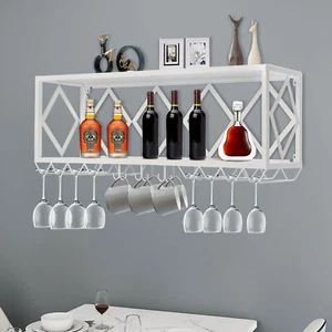 Wine Rack Bar Unit Floating Shelves Wall-Mounted Inverted Wine Glass Rack Iron - Picture 1 of 16