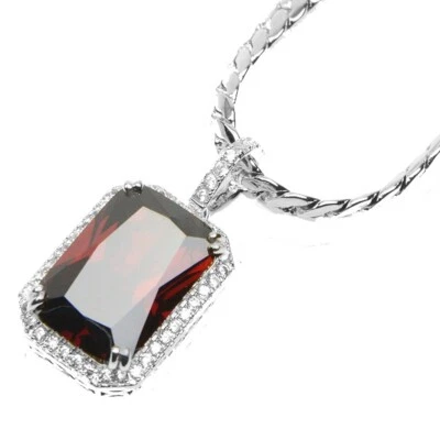 Silver Plated Red Gemstone Pendant w/ 20" Miami Cuban Chain Necklace BCH 11174 S - Image 1 of 4