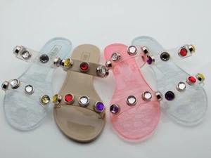 Jelly Sandal "MONTREAL" Women's Slide Flat Flip Flop Double Strap Gem - Ann More - Picture 1 of 18