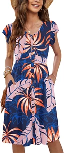 Women Summer Dresses Sleeveless Casual Loose Swing Button down Midi Dress with P - Picture 1 of 13