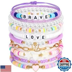 Lorfancy 12PCS Bracelets for Girls Women Clay Bead Colorful Beaded Bracelets - Picture 1 of 5