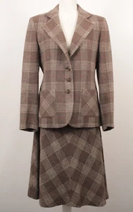 VTG Women's 60s 70s 2 PC Lilli Ann Brown Plaid Tweed Jacket Skirt Set Sz M Suit - Picture 1 of 22