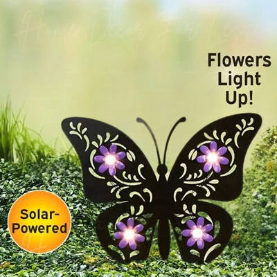 Solar LED roxo borboleta silhueta jardim estaca metal quintal ao ar livre decoração para casa - Imagem 1 de 4