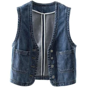 Mujeres Azul Denim Chaleco Western Top Sin Mangas Botón Cuello en V Informal Adelgazante Tanque - Imagen 1 de 8