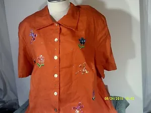 MEGAN LEE Size 22W Orange Top Beaded Flowers DragonFlies Linen Blend Short Sleev - Picture 1 of 8