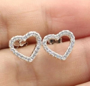1.5ct Round Lab-Created Diamond Hollow Heart Stud Earrings 14k SOLID White Gold - Picture 1 of 12