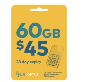 Optus Prepaid $35 Starter SIM Card 60GB Data Unlimited Voice Call SMS 5G Mobile - Picture 1 of 12