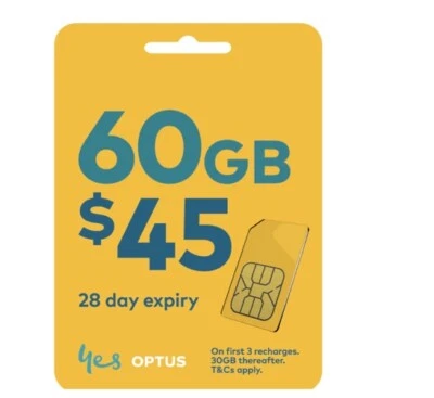 Optus Prepaid $35 Starter SIM Card 60GB Data Unlimited Voice Call SMS 5G Mobile - image 1 of 4