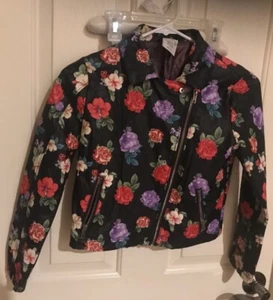 Disney Tangled Rapunzel Black Floral Faux Leather Moto Jacket Girls Size 7-8 - Picture 1 of 3