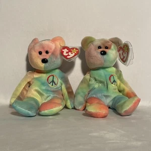 (2) Ty Beanie Babies Peace Bear Tie-Dye 1996 Fábrica #s 102 y 116 Como Nuevo - Imagen 1 de 20