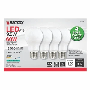 4Pk - Satco 9.5w 120v A19 LED Bulb E26 Medium Base 4000k Cool White - 60w-equiv - Picture 1 of 6
