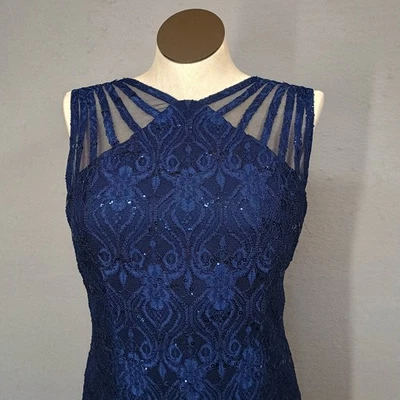 Vestido R&M Richards Para Mujer 14 Lentejuelas Largo Azul Encaje Sin Mangas Ajuste Acampanado Foto 1 de 4