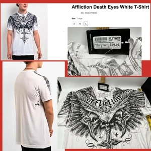 Affliction Death Eyes T Shirt Men's Large WHITE TEE NWT Skull Wings Thrashed ATL - Picture 1 of 10