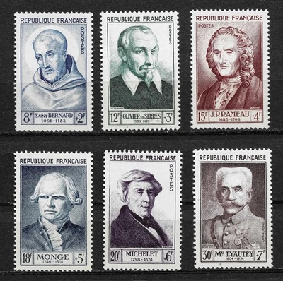 ФРАНЦИЯ 1953 ЗНАМЕНИТОСТЕЙ ПОЛУ-ПОЧТОВЫЙ НАБОР YVERT #945-950 MLH - Изображение 1 из 2