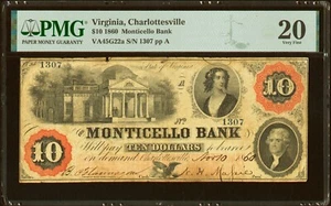 1860 Charlottsville, VA - Monticello Bank $10 - PMG 20 - STUNNING COLOR & SCARCE - Picture 1 of 2