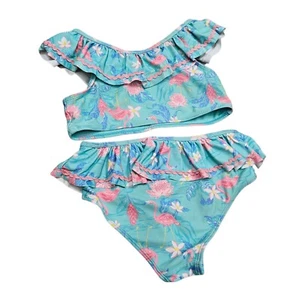 Tommy Bahama Flamingo Ruffle Swimsuit Two Piece Kids Teal Pink Beach Size 10 - Picture 1 of 10