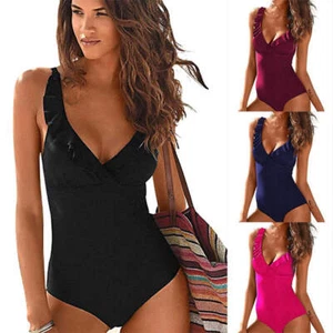 Swimsuit Sexy One-Piece V-neck Ruffled Swimsuit Amazon Hot Style Swimsuit Women - Picture 1 of 25