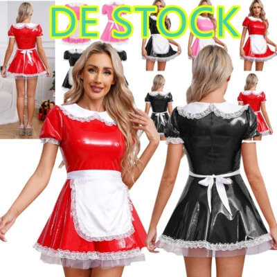 DE!Damen Kostüm Latex Dienstmädchen Lack Maid Kleid Französisches Magd Uniform - Bild 1 von 4