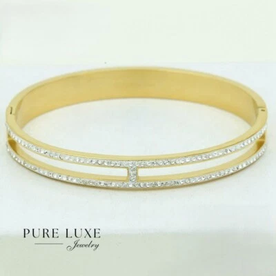 女士 6.5 英寸不锈钢 CZ 手镯永恒镀金手链盒 — 第 1/2 张图片