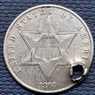 1860 Three Cent Silver Trime 3c Higher Grade XF + Details #84262 - Image 1 of 2