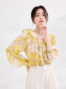 Seide Blumen Shirt Damen Neu Temperament Maulbeerseide Top Bluse V-Ausschnitt Freizeit - Bild 1 von 14