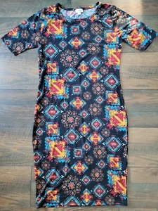 LulaRoe Julia Dress Geometric Black gold blue pattern Bohemian Size M - Picture 1 of 7