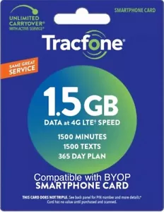 TracFone 1 Year Service Plan + 1500 Minutes/ 1500 Text/ 1500 Data For BYOP - Picture 1 of 2