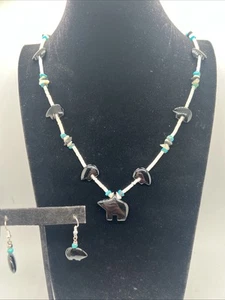 Set collana e orecchini vintage Zuni turchese e orso a getto fetish - Foto 1 di 7