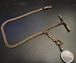 Brass Pocket Watch Chain 11.5 in T Bar Clip & Silver Tone Roaring Lion Coin Fob - Picture 1 of 4