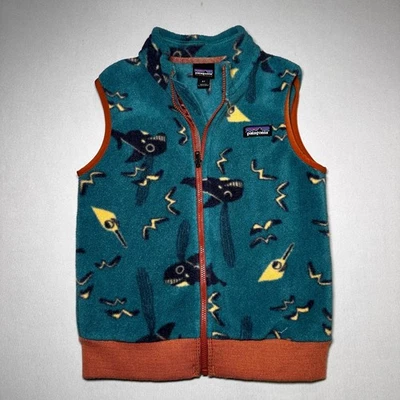 Patagonia Synchilla Vest Kids 4T Blue Fleece Whale Bird Ocean Print Orange Trim - Image 1 of 4