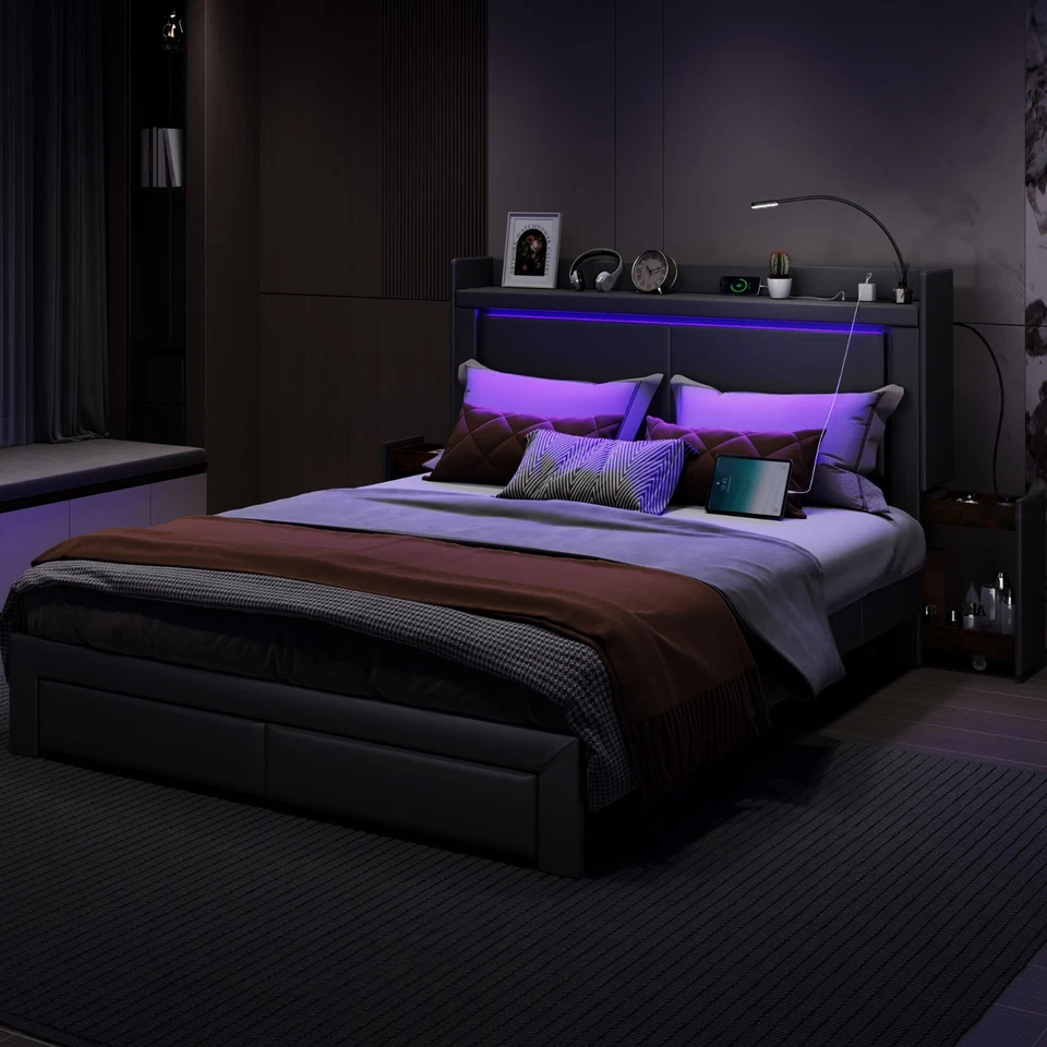 Armação de cama queen size com cabeceira e 4 armazenamento, cama queen size LED com estação de carregamento - Imagem 1 de 4