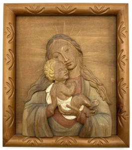 ANRI Wood Carving Madonna Child Mary Jesus Wall Hanging Relief Vintage 10" x 9" - Picture 1 of 8