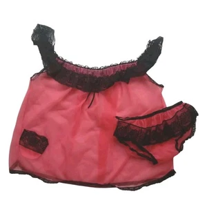 PYJAMAS vintage size SW baby doll set pink nylon sheer black lace 50s 60s sexy - Picture 1 of 8