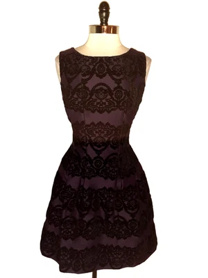 GABBY SKYE Size 14 A-Line Dress Purple Black Flocked Velvet Sleevless Pockets - Image 1 of 4