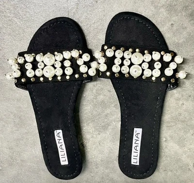Sandalias Liliana Mujer Talla 9 Negro Perla Slides Punk Rock Zapato Foto 1 de 4